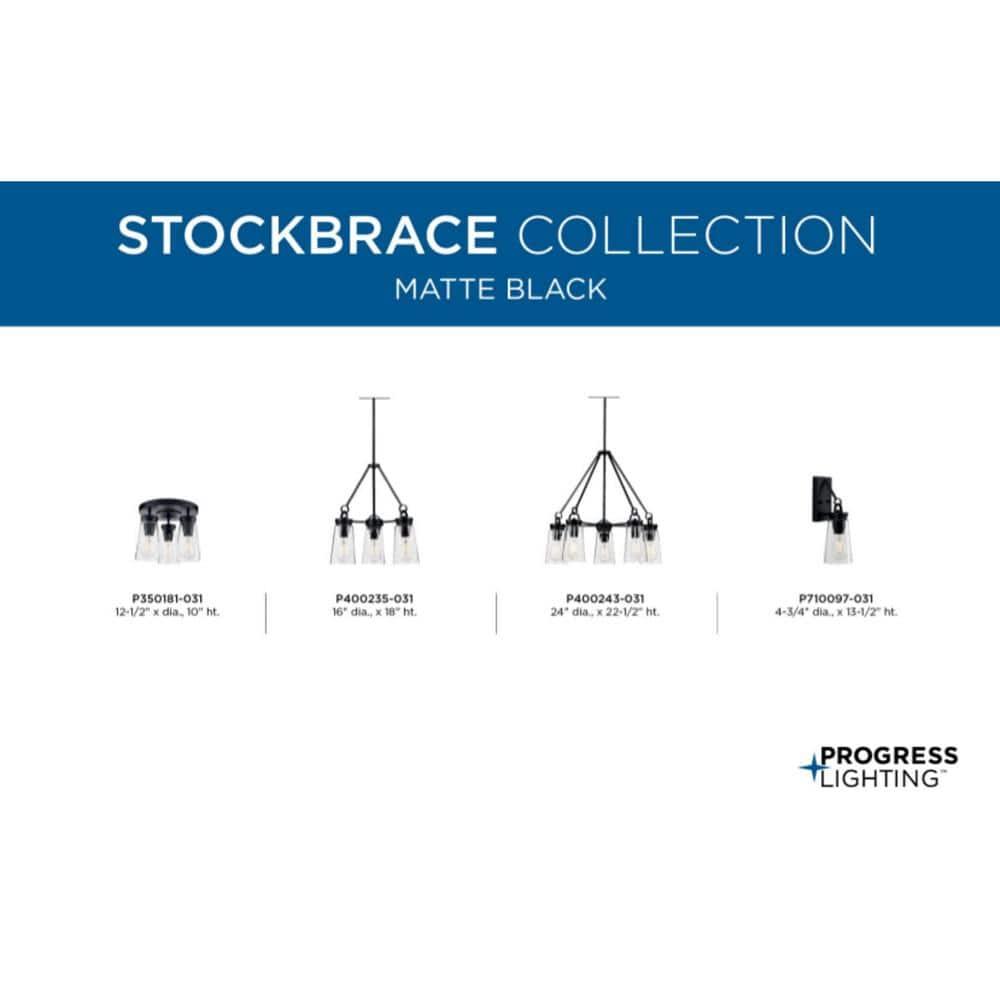 Progress Lighting Stockbrace 3-Light Flush Mount Ceiling Light, Matte Black, Clear Glass Shade