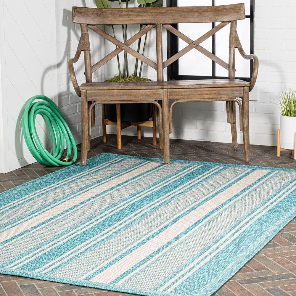 3' x 5' Haynes Modern Double Stripe Indoor/Outdoor Area Rug, Aqua/Beige - JONATHAN Y