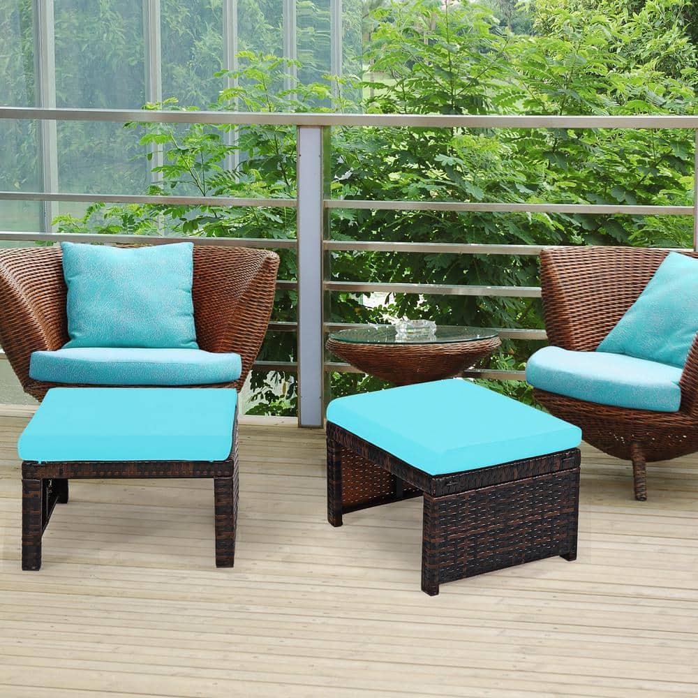 Tangkula 2 PCS Outdoor Wicker Ottoman Patio Rattan Furniture Metal Footrest Seat Square Footstool with Cushion Turquoise