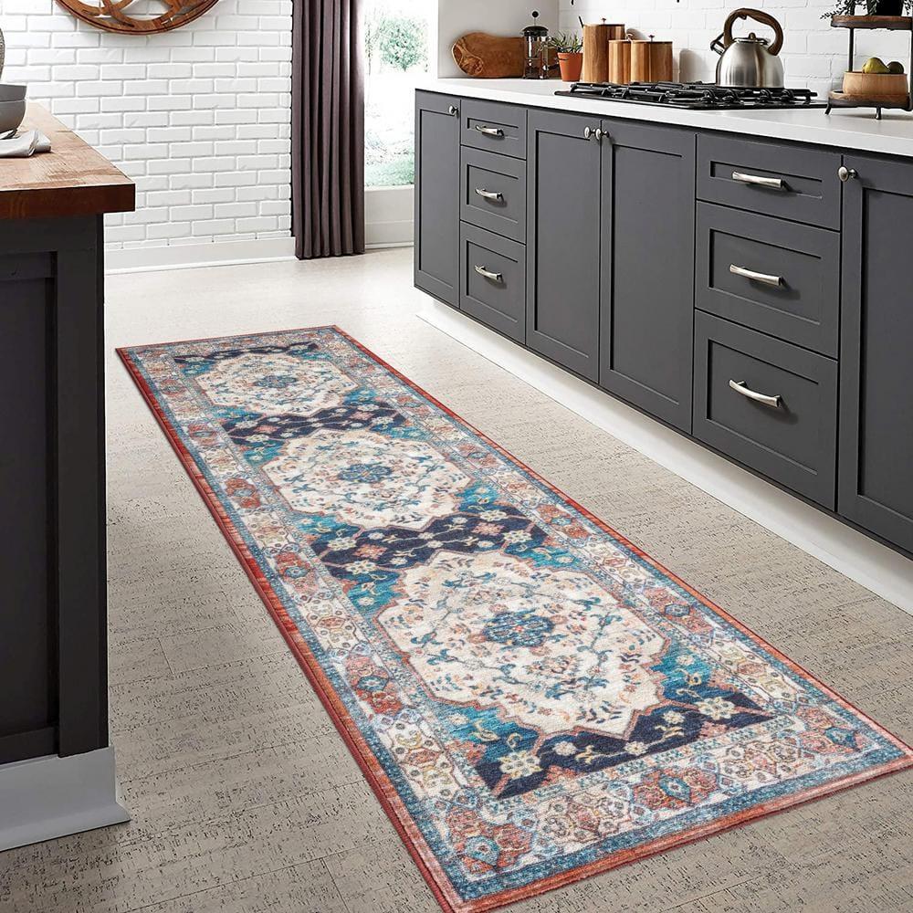Ocean Medallion Navy 3 ft. x 9 ft. Machine Washable Traditional Indoor Area Rug