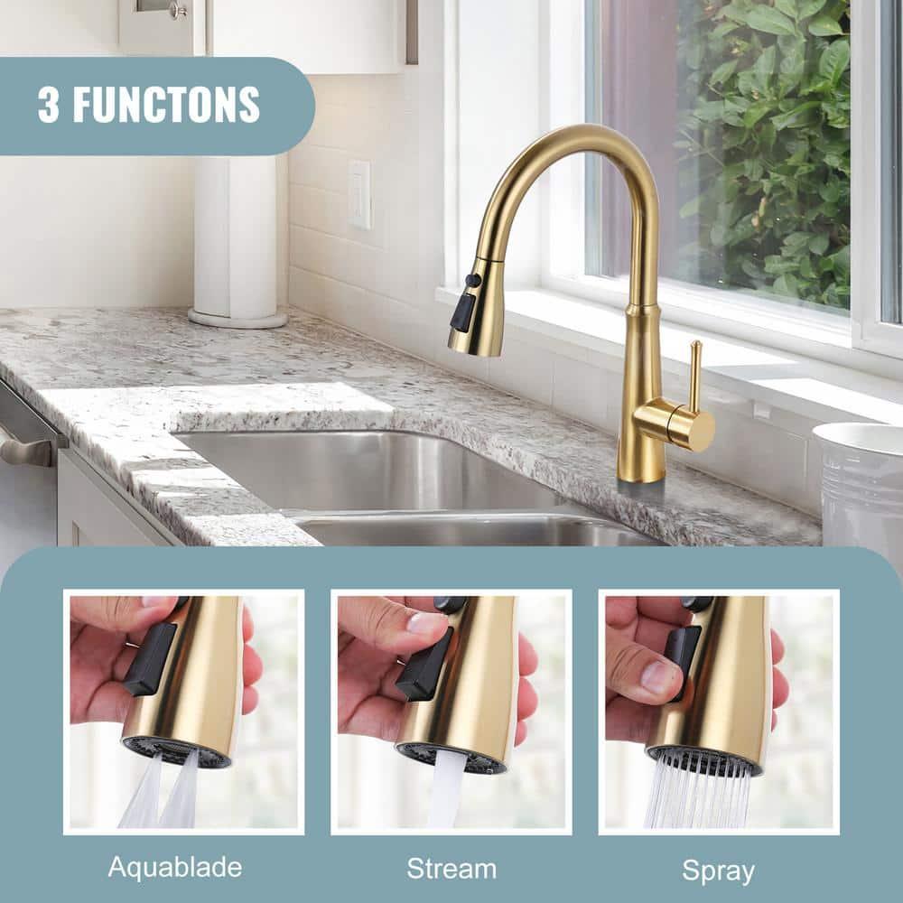 Kitchen Faucet Sprayer Head Replacement - Pull Down Faucet Spray Head with 11 Adapters, Pull Out Faucet Sprayer Nozzle, 3 Function Kitchen Tap Spray Spout Part Connector, Brushed Gold