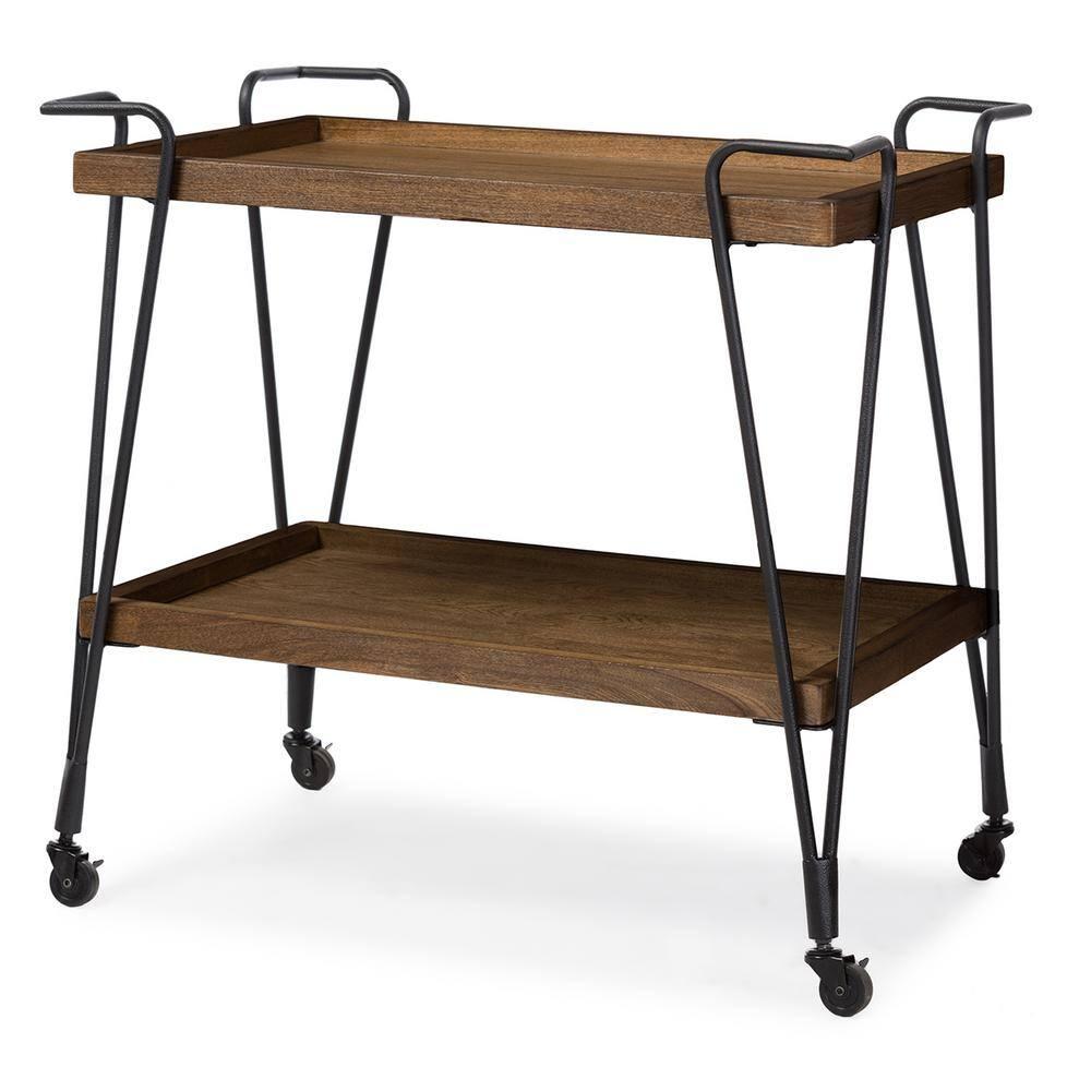 Jessica Rustic Industrial Style Textured Finish Metal Distressed Ash Wood Mobile Serving Bar Cart - Black & Brown - Baxton Studio