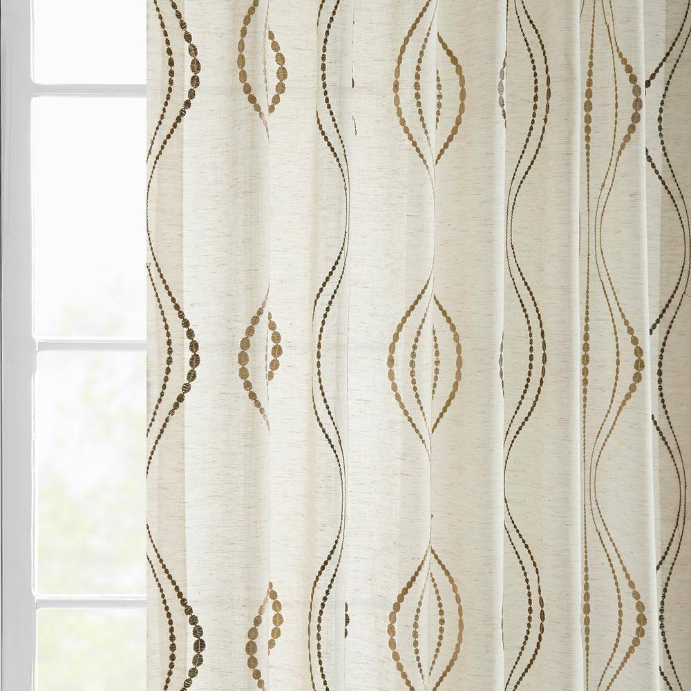 Suez Bronze Embroidered Faux Linen Sheer Curtain (1 Panel), Suez Bronze, 50W X 96L