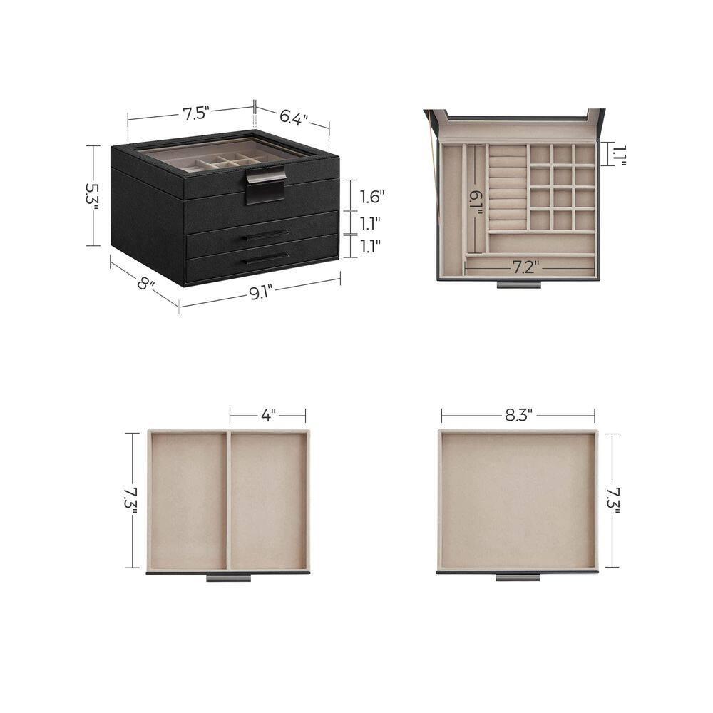 Glass Lid Jewelry Box with Glass Jewelry Organizer Case for Rings Necklaces Earrings Black and Silver