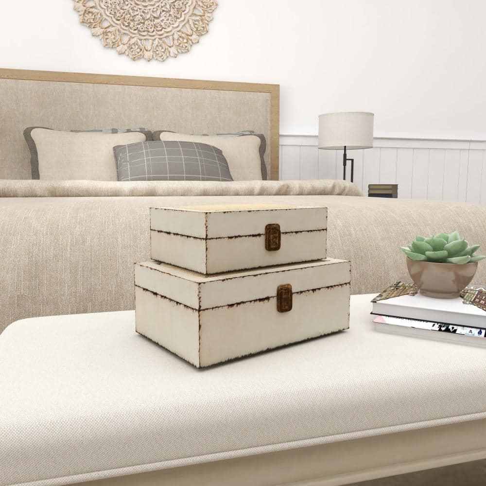 DecMode White Wood Decorative Box with Hinged Lid, 2 Count