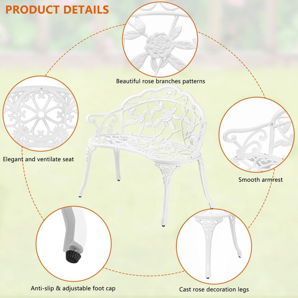 WANCQ 38.5" Patio Park Garden Outdoor Metal Rose Bench,Cast Iron Cast Aluminium Frame Antique Finish Chair,Accented Lawn Front Porch Path Yard Decor Deck Furniture for 2 Person Seat（White)