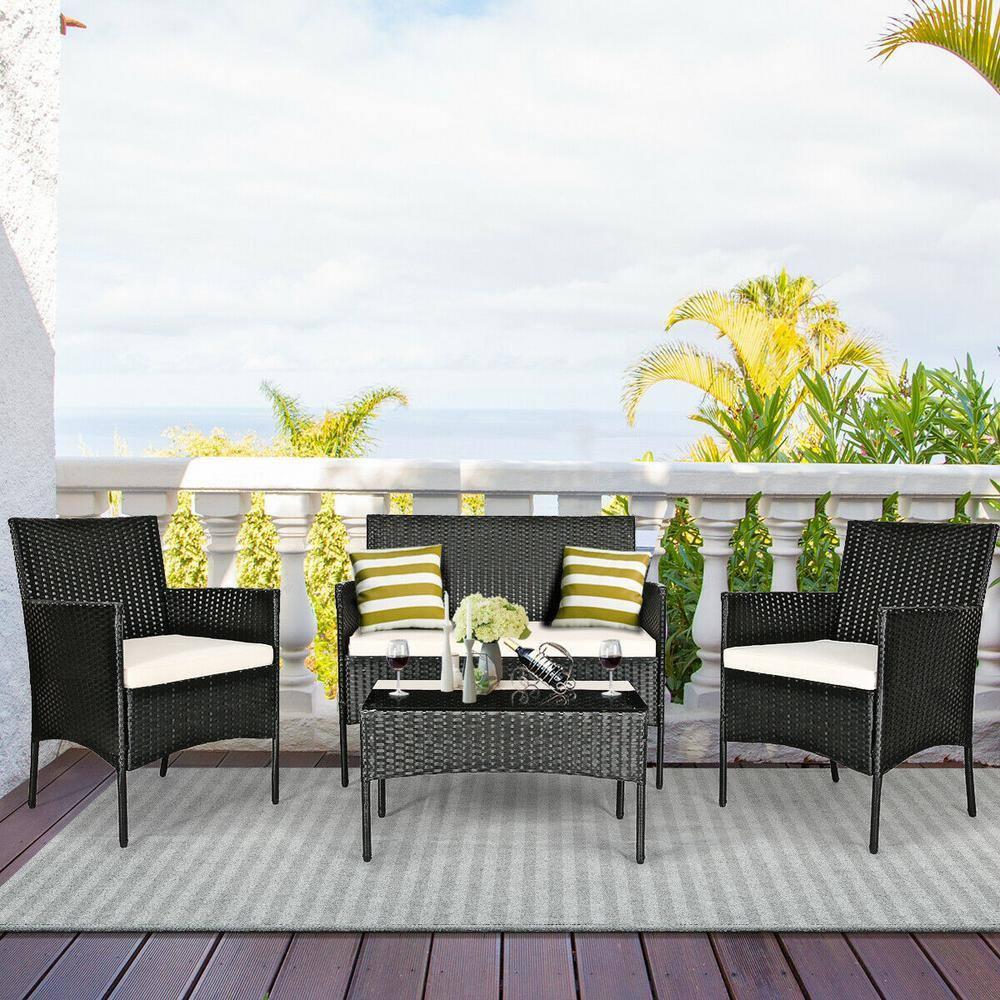 Costway 4PCS Patio Rattan Furniture Set Cushioned Sofa Coffee Table Backyard Porch White