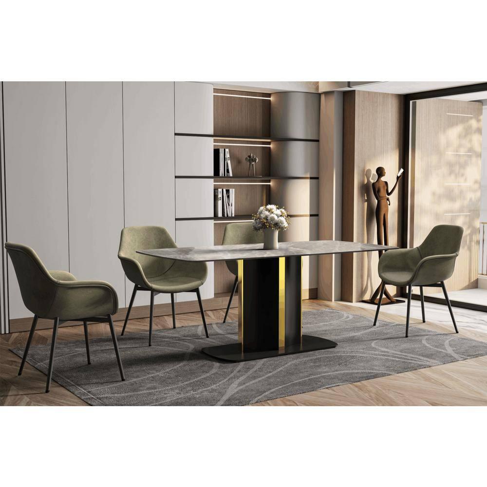 LeisureMod Sylva Mid-Century Modern 55" Rectangular Dining Table with Sintered Stone Table Top and Gold Steel Pedestal Base for Kitchen and Dining Room, Deep Grey