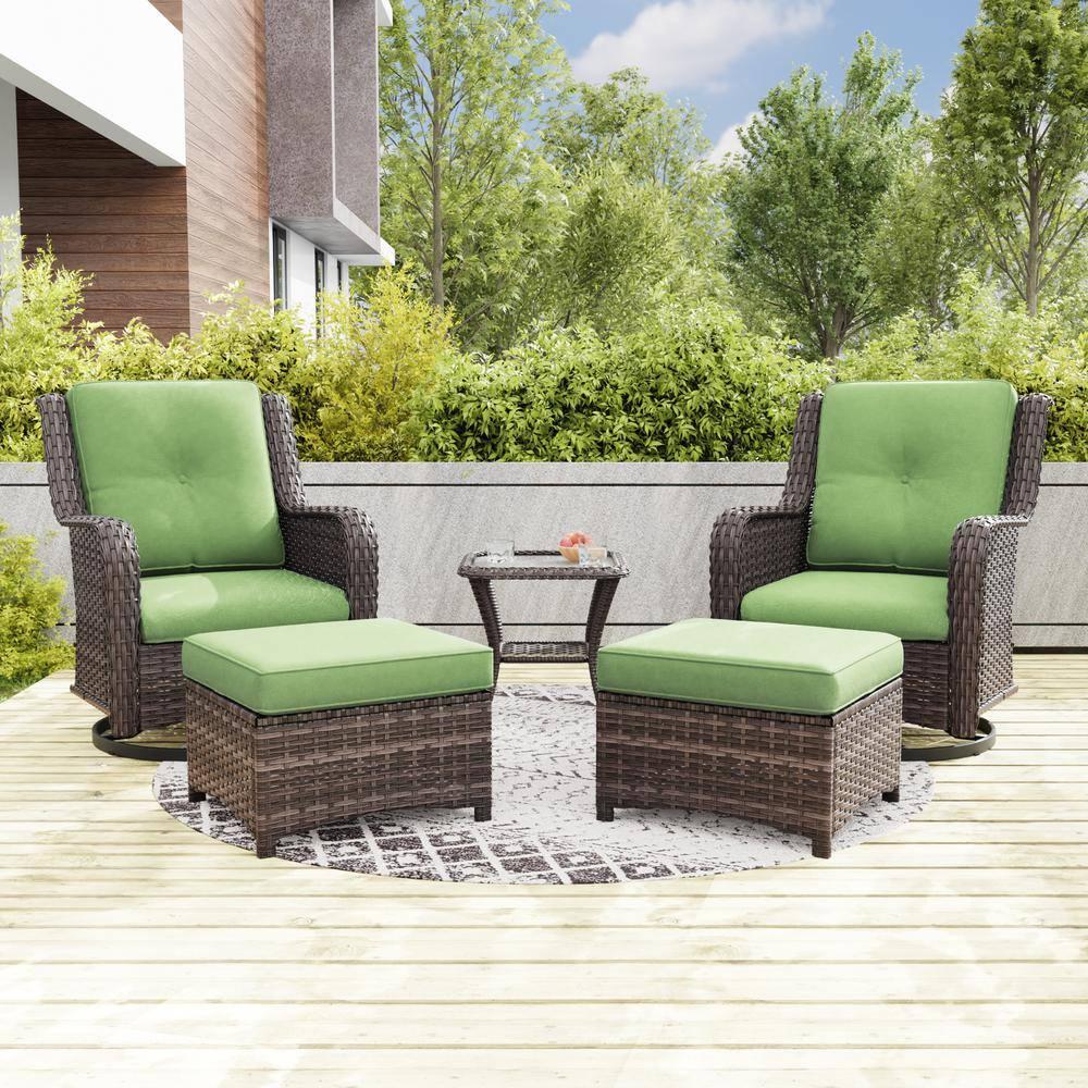 MeetLeisure 5 Pieces Outdoor Furniture Patio Furniture Set with Two Swivel Rocking Chairs,Two Ottomans, One Side Table, Green