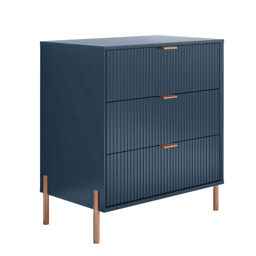 Festivo 3 Drawer Nightstand Navy: Scandinavian Modern Style, MDF Construction, Storage Solution with Anti-Tip Hardware