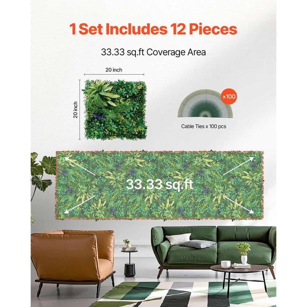 VEVOR Artificial Grass Wall Panels, 12 PCS 20 x 20 inch, 3D Combination Greenery Boxwood Panel for Indoor Outdoor Green Decor & Ivy Fence Covering, Privacy Backdrop Wall Hedge Screen for Garden