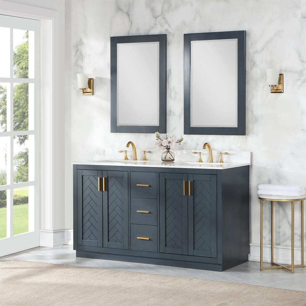 Gazsi 60" Double Bathroom Vanity Set in Charcoal Blue with Grain White Composite Stone Countertop without Mirror