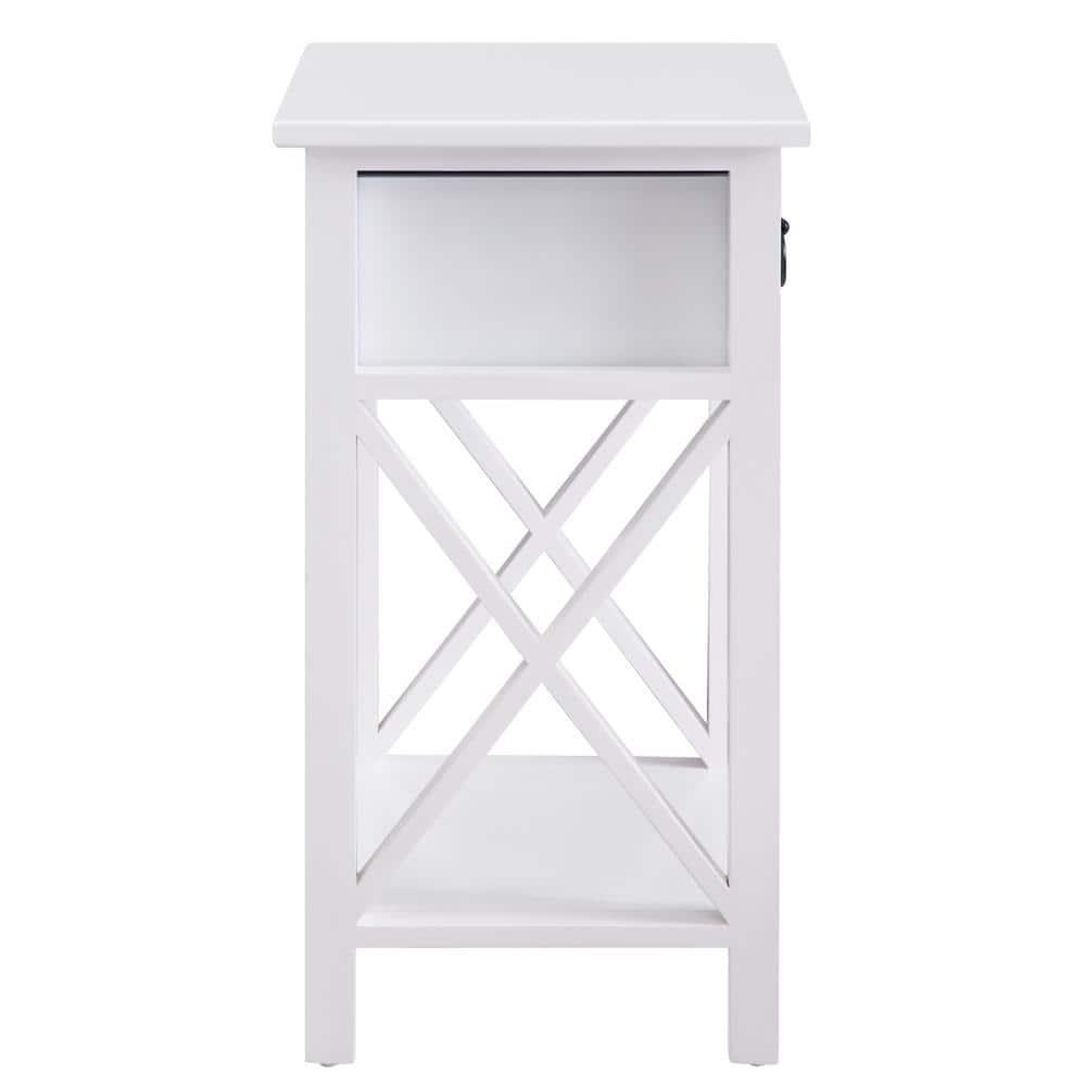 12 in. White Rectangle Wood End Table with Drawer and Shelf Solid Narrow Side Table For Bedrooms Ideal For Small Spaces