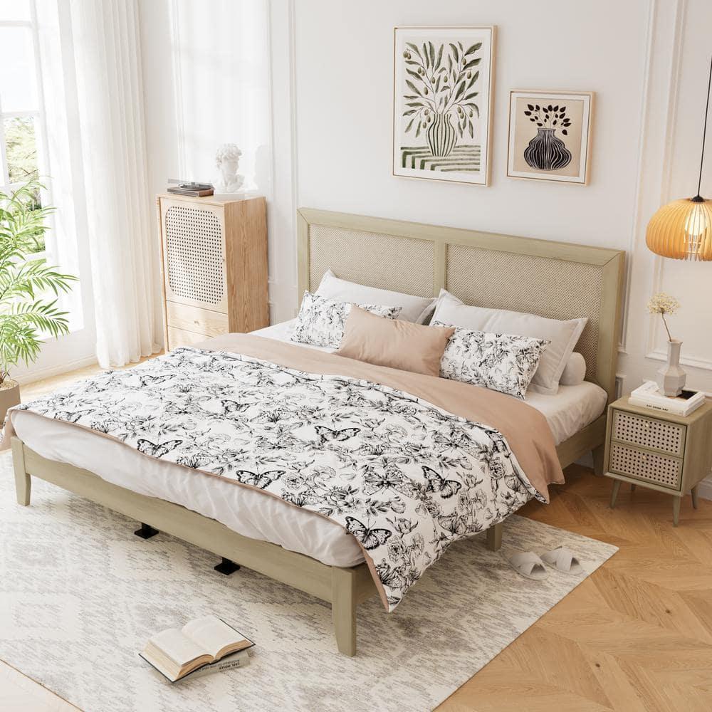 Christopher Knight Home Eudoca Rubber Wood Platform Bed with Rattan Woven Headboard, Natural, King