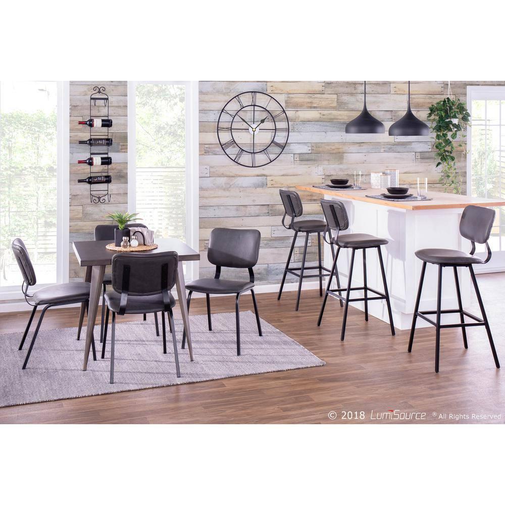 Foundry Contemporary Barstool in Black Metal and Grey Faux Leather with Grey Zig Zag Stitching by LumiSource - Set of 2