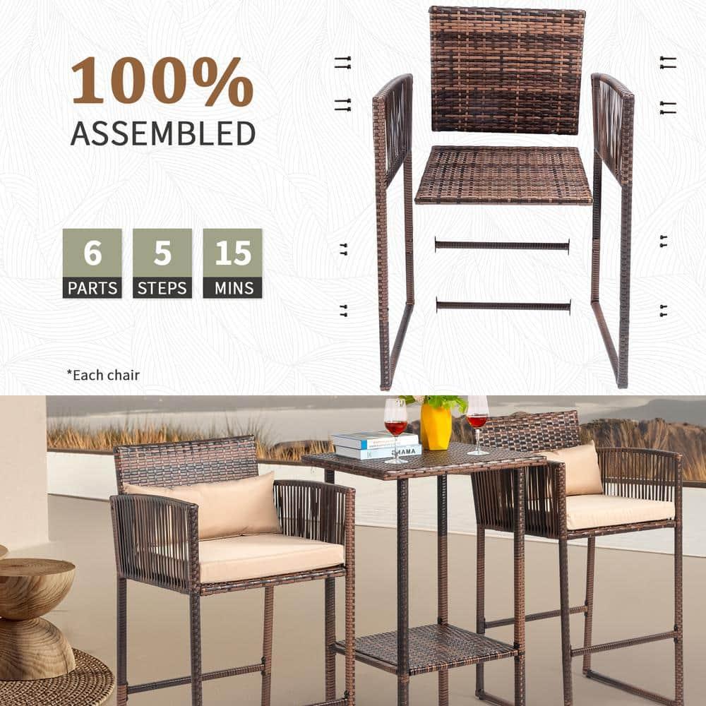 Tcbosik Outdoor 3 Piece Patio Bar Set, Rattan High Bar Stools for 2 with Cushions, Armrest and Backrest, Wicker Bar Table with Storage Shelf, Brown