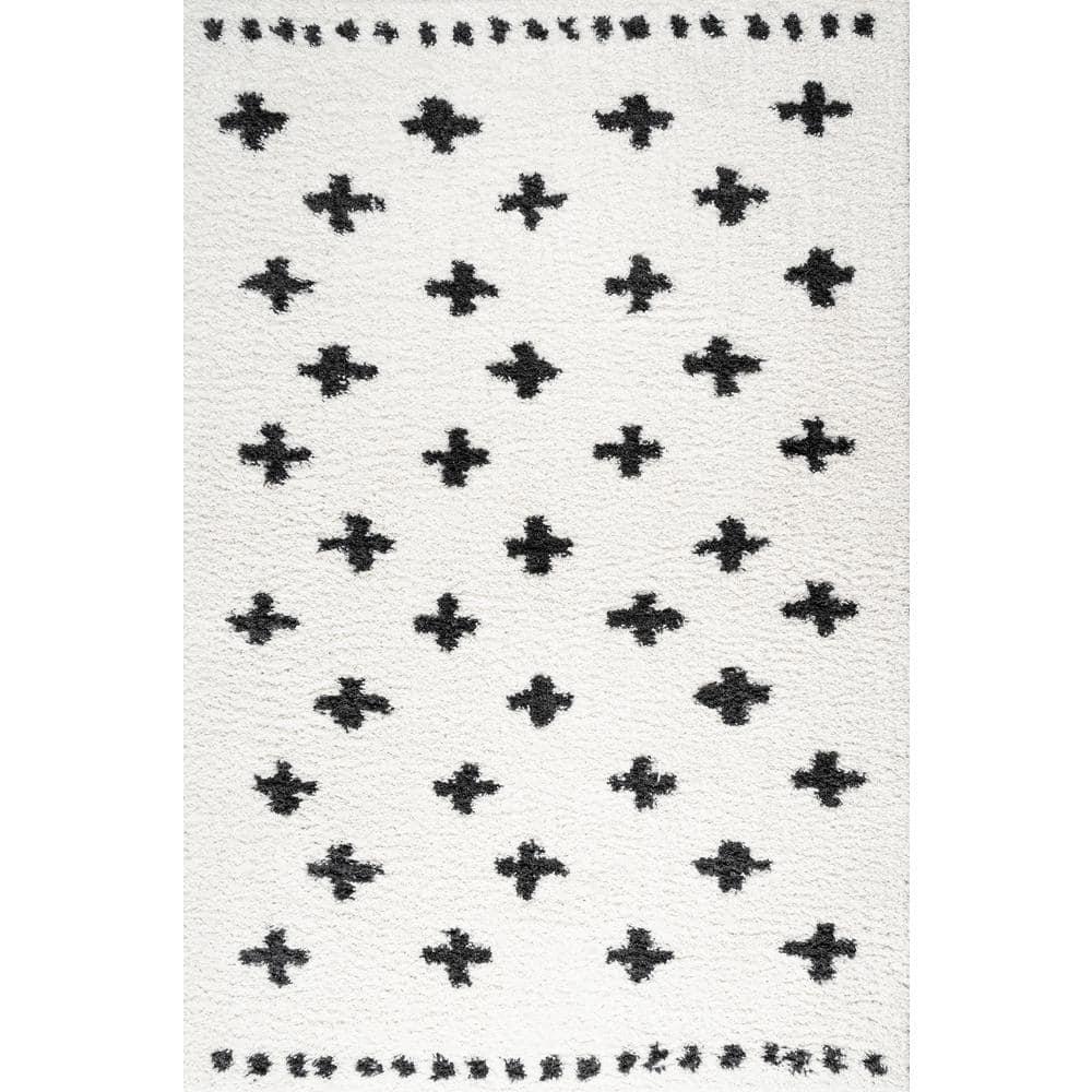 3'x5' Cristo Berber Geometric Shag Area Rug, White/Black - JONATHAN Y