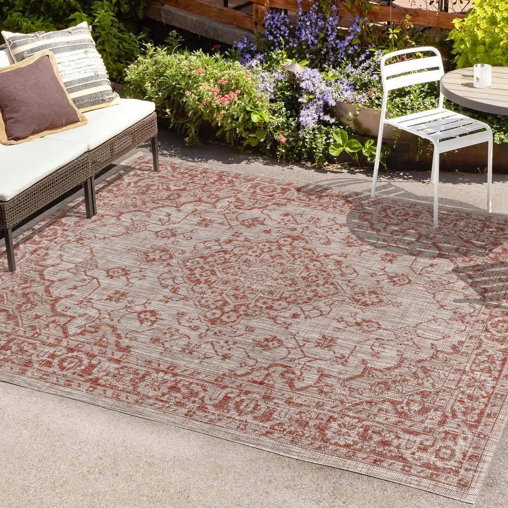 4'x6' Rozetta Boho Medallion Textured Weave Indoor/Outdoor Area Rug, Red/Taupe - JONATHAN Y