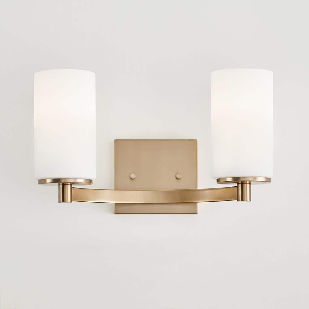 Generation Lighting 2-Light Hettinger Bath Fixture Wall Lamp Satin Brass 4439102-848, Title 24 Compliant Wall Light Fixture for Bathroom Decor, Bathroom Light Fixture Uses Standard or LED Light Bulb