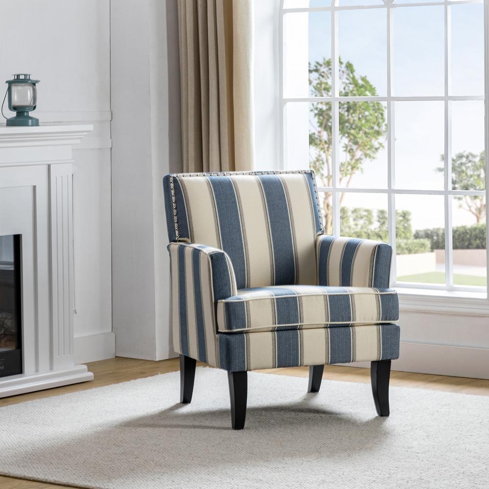 Upholstery Accent Chair Armchair Sofa Couch Lounge Seat Wood Black Legs Nailhead Trim Home Living Room Bedroom Stripe Blue