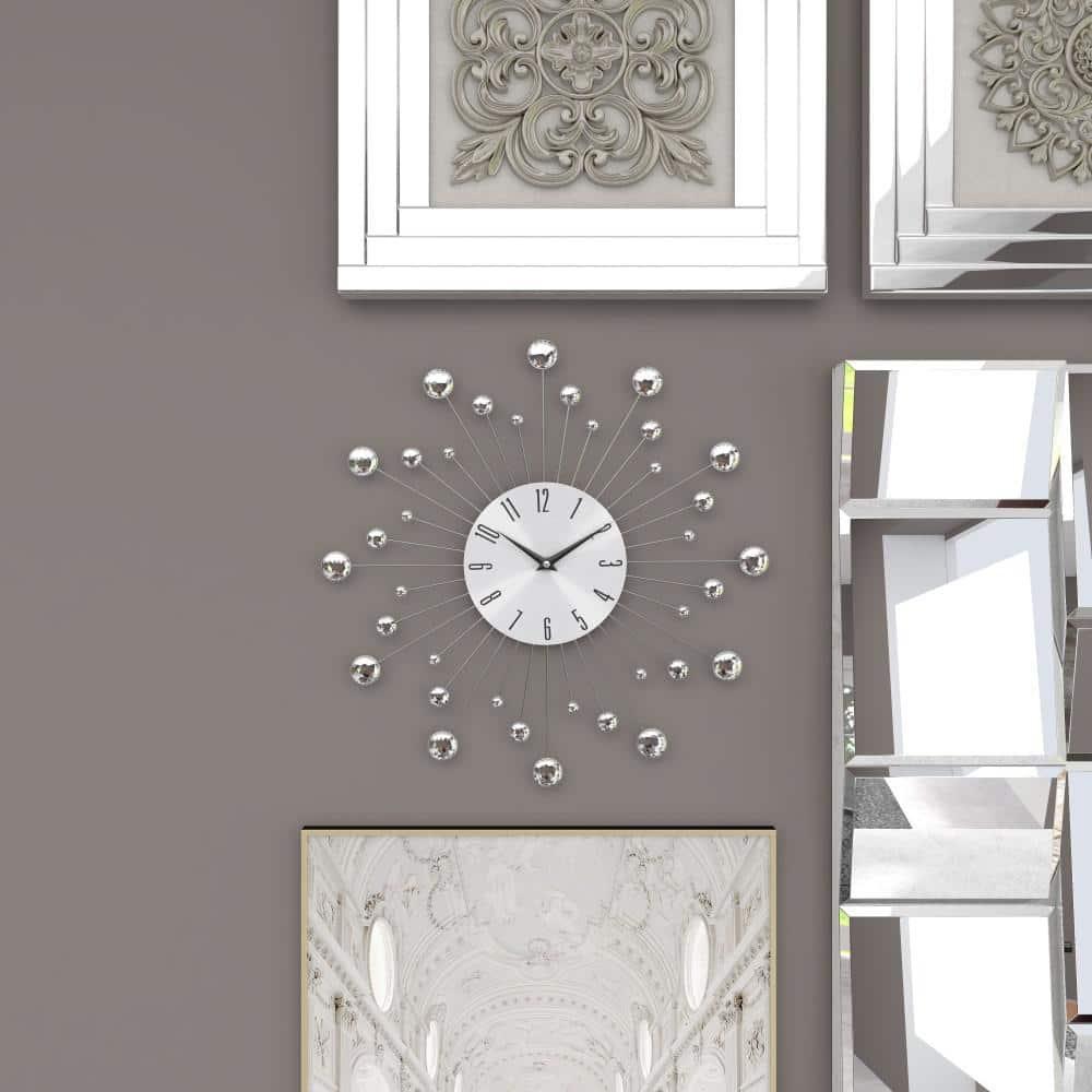 DecMode 15" Silver Metal Starburst Wall Clock with Crystal Accents