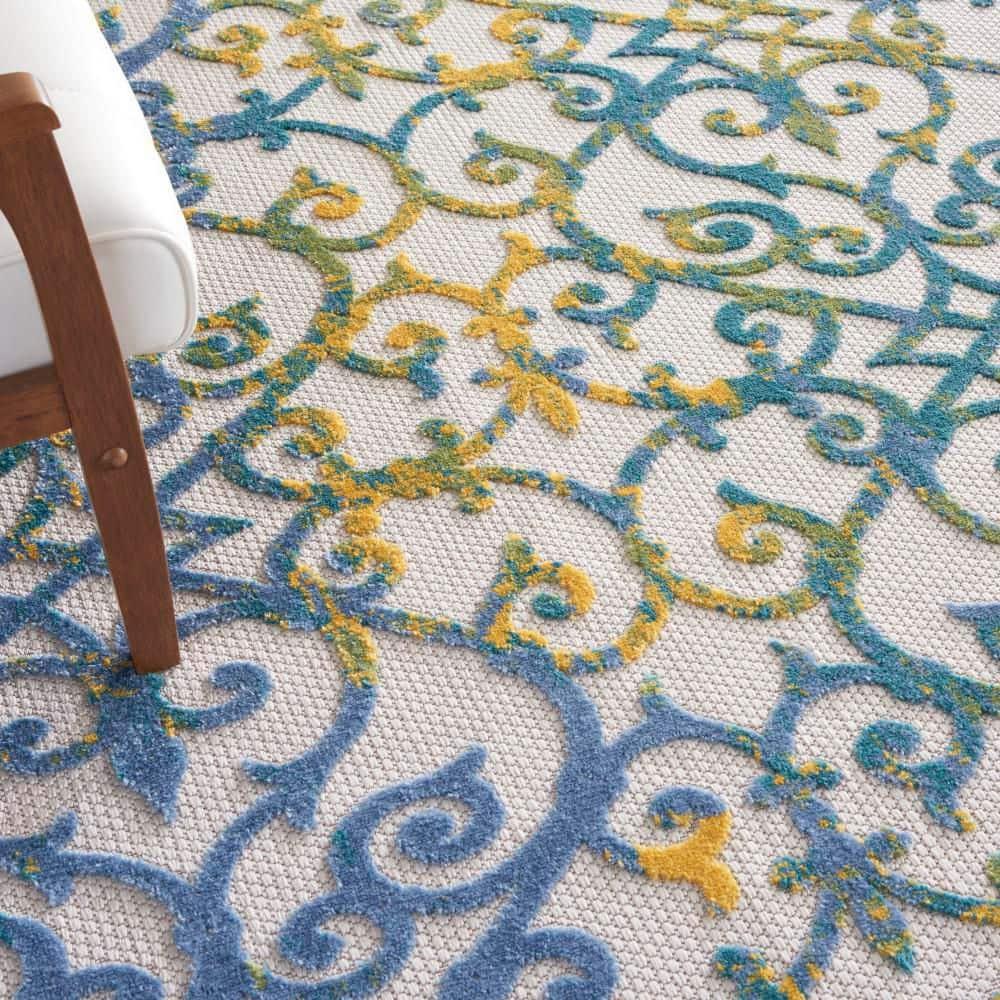 Nourison Aloha Contemporary Scroll Flatweave High-Low Indoor Outdoor Runner Rug Ivory Blue 2'3" x 10'