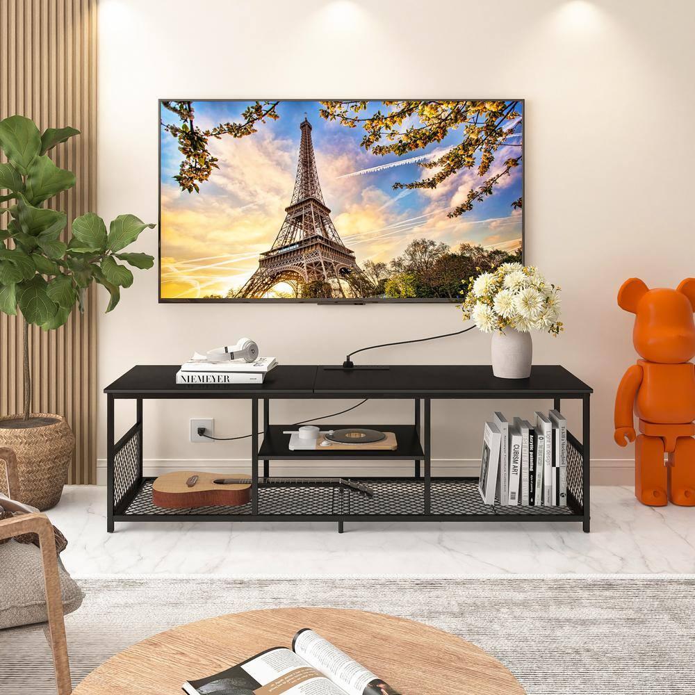 TV Stand with Power Outlets for Televisions up to 65", 55" Media Entertainment Center with 3-Tier Open Shelves Black