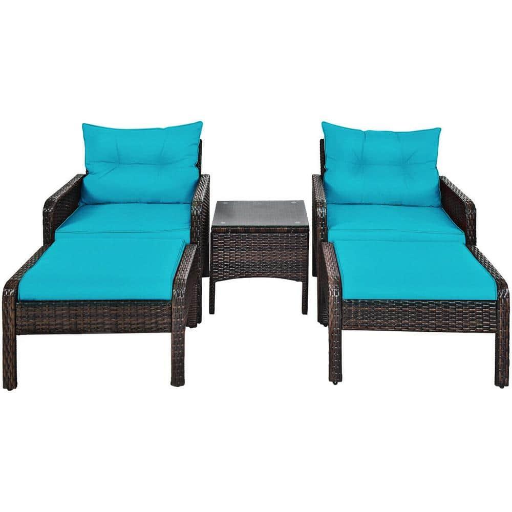 Spaco 5 Pieces Patio Rattan Sofa Ottoman Furniture Set with Cushions, Conversation Set with 2 Single Chairs, 2 Ottomans and A Side Table, Ottoman Furniture Set for Outdoor, Turquoise