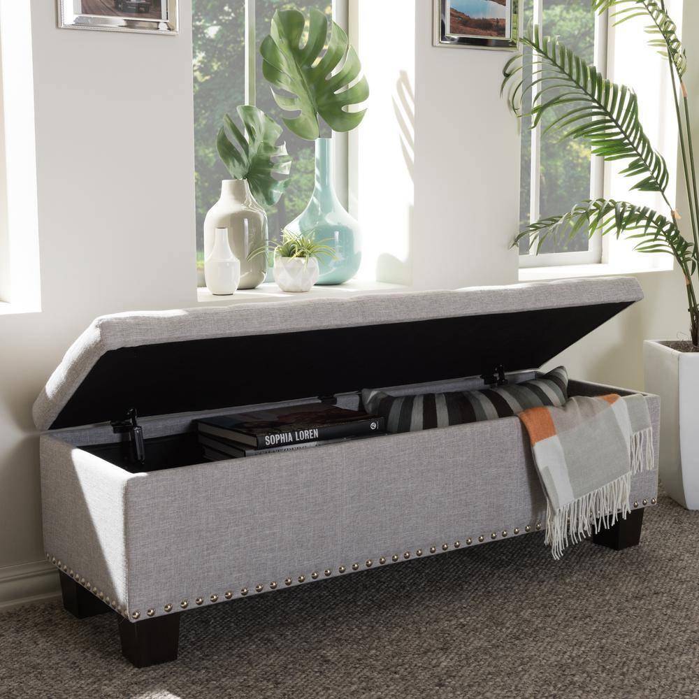 Hannah Modern and Contemporary Fabric Upholstered Button - Tufting Storage Ottoman Bench - Grayish Beige - Baxton Studio