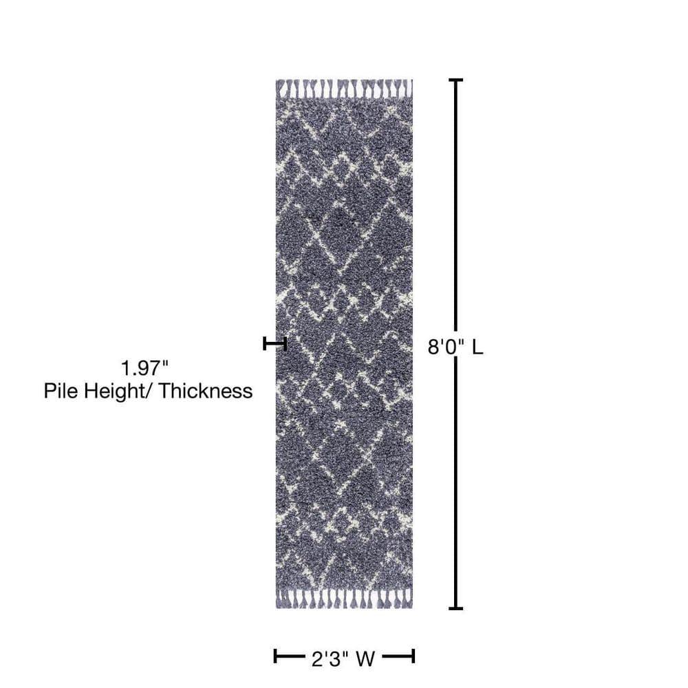 2'x8' Mercer Shag Plush Tassel Moroccan Geometric Trellis Area Rug, Denim/Cream - JONATHAN Y