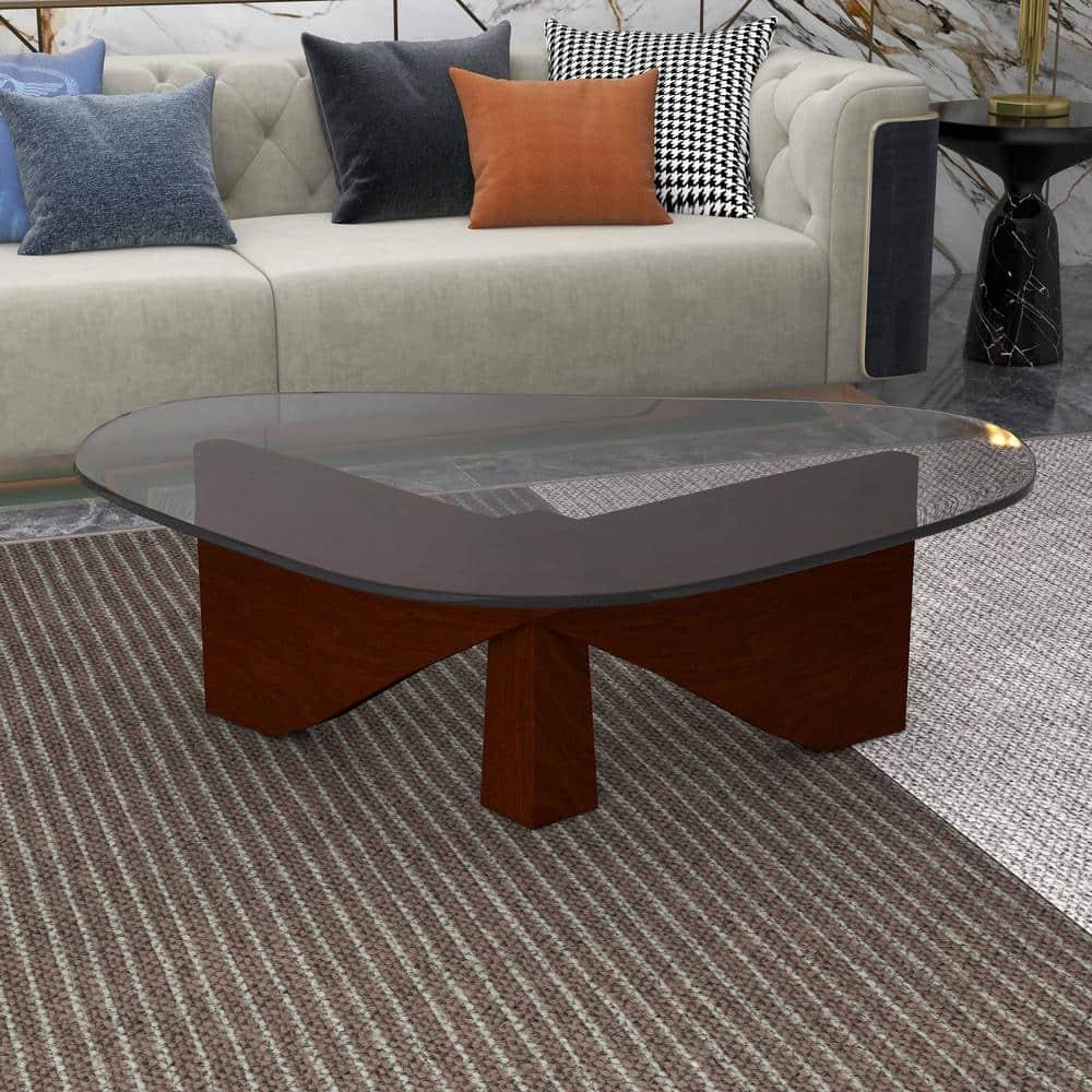 LeisureMod Imperial Collection Triangular Glass Top Coffee Table with Glossy Ash Wood Base for Home, Living Room, Office