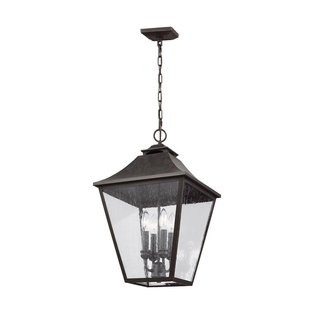 Sable Bronze 4-Light Outdoor Hanging Lantern with Clear Seeded Glass