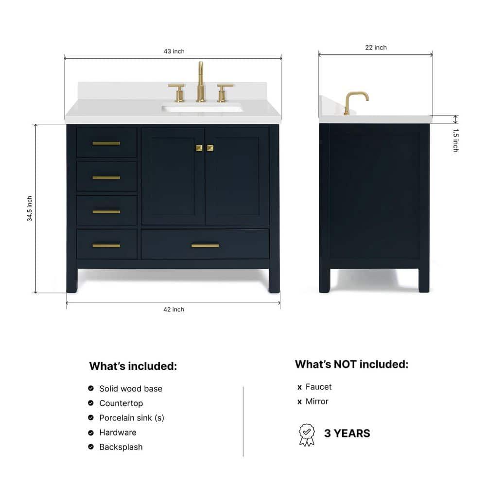 ARIEL Cambridge 43 Inch Midnight Blue Bathroom Vanity with Single Sink, Solid Wood, White Quartz Countertop, 1.5-Inch Edge, Right Rectangular Undermount Sink, 2 Soft Closing Doors, 5 Drawers