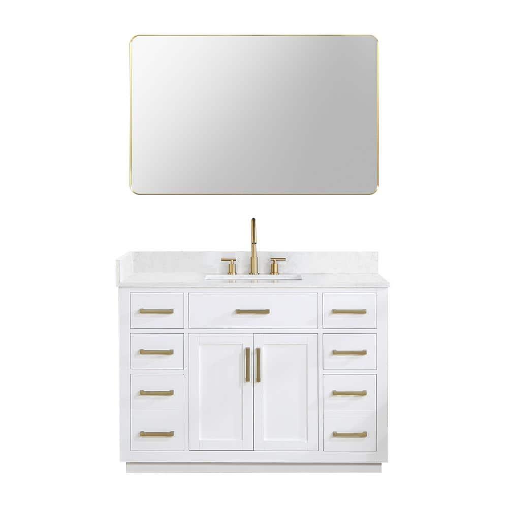 Gavino 48" Wood Vanity in White with Grain White Composite Stone Top and Mirror