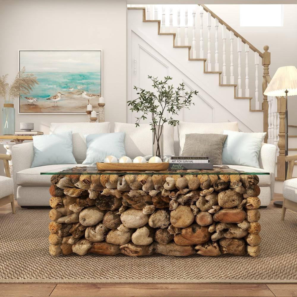 Millwood Pines Brown Wood Handmade Stacked Collage Coffee Table with Clear Glass Top