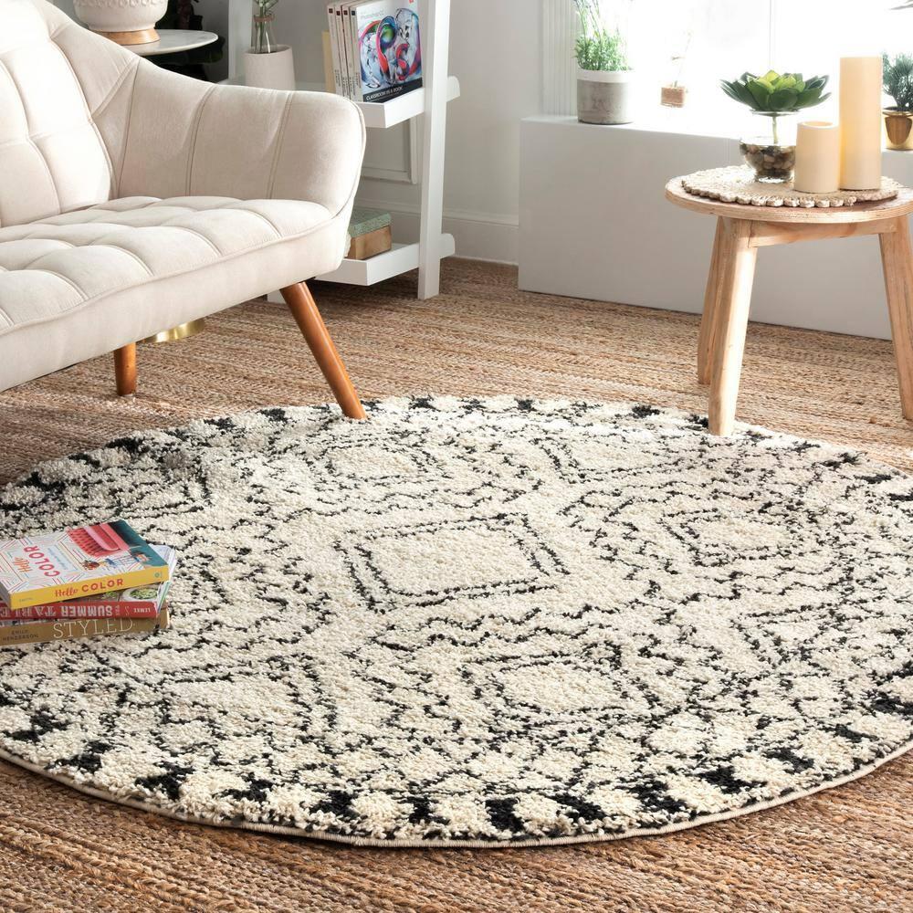 Nuloom Vasiliki Geometric 6 Round Shag Indoor Area Rug for Living Room Bedroom Dining Room Nursery, Off White/Charcoal