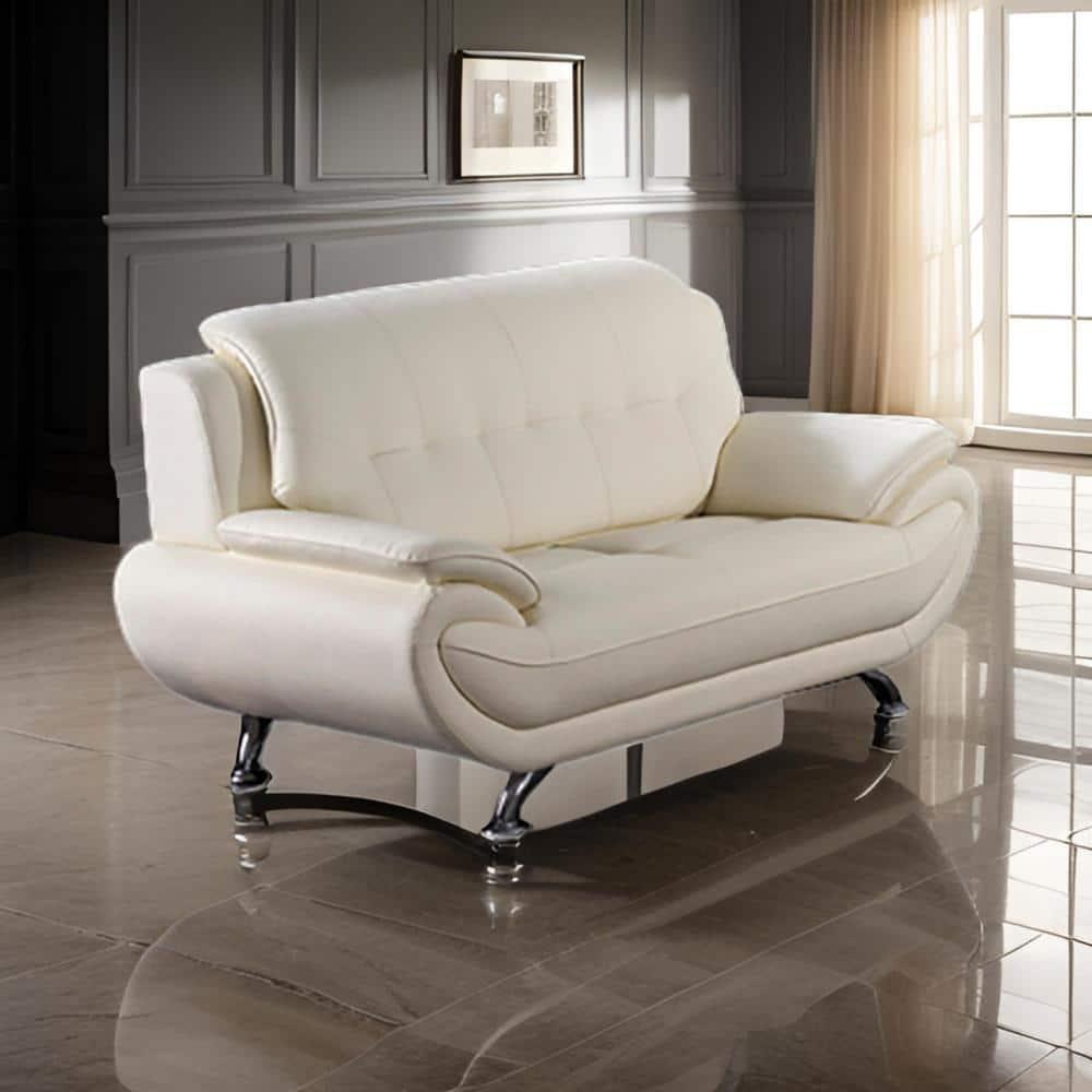 Benjara Olaf 69 Inch Loveseat, Tufted Ivory Faux Leather, Chrome Metal, Wood-Color:IvoryMaterial
