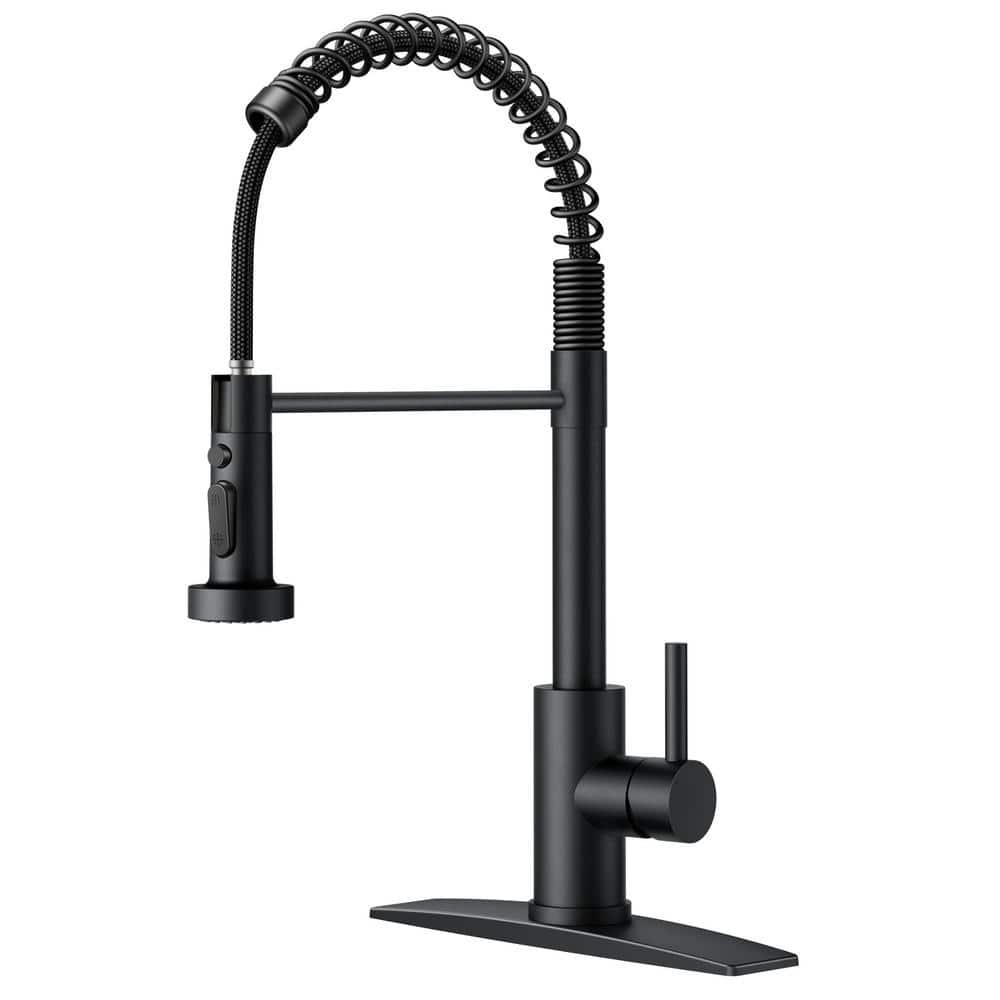 FORIOUS Black Kitchen Faucet with Soap Dispenser, Single Handle Stainless Steel Spring Sink Faucet with Pull Down Sprayer Transitional for Farmhouse Camper Laundry Camper