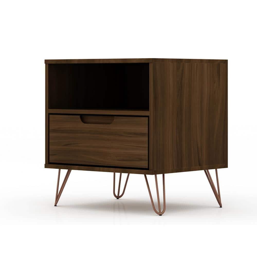 1.0 Rockefeller Nightstand Brown - Manhattan Comfort: Modern Bedside Table with Storage, Shelving & Metal Glides