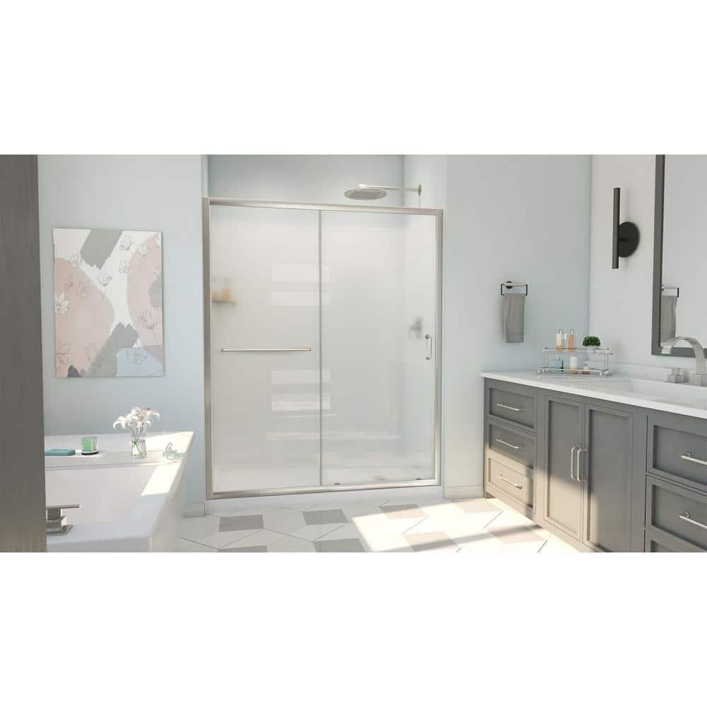 Infinity-Z Brushed Nickel Sliding Shower Door with White Acrylic Wall Kit