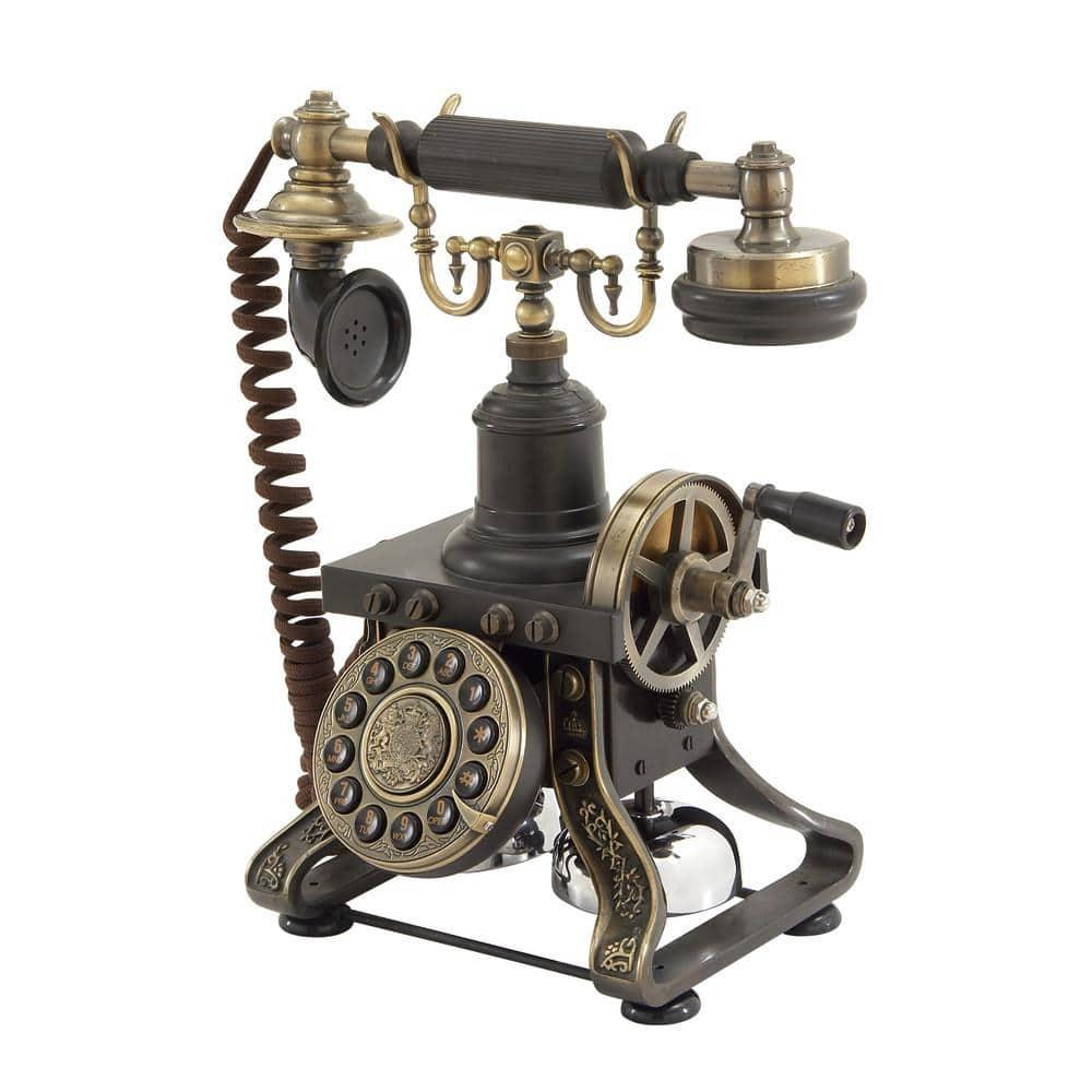 DecMode Vintage Telephone Accent Décor with Tarnish Black and Brass Finish, 10"W x 12"H