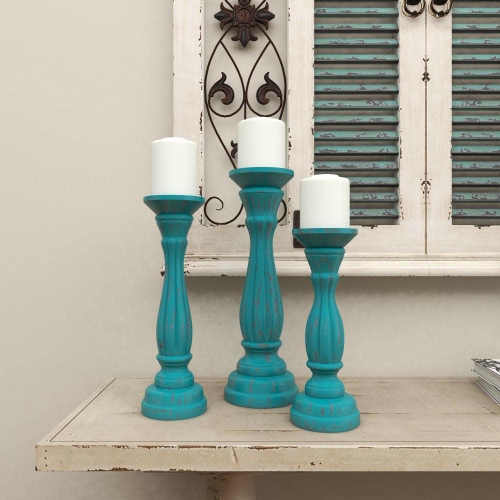 DecMode 3 Candle Blue Wooden Distressed Turned Pillar Candle Holder, Set of 3