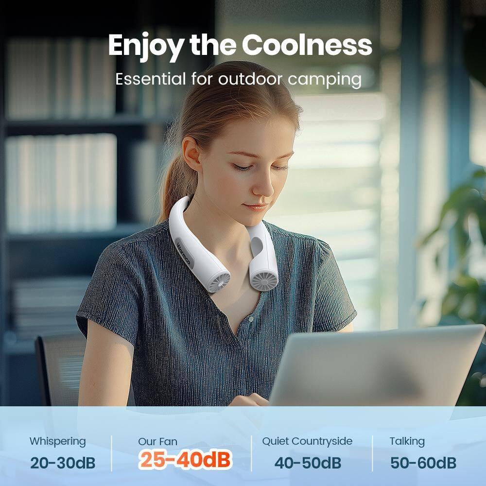 1.78 in. 4-Speeds Personal Fan in White, 10000mAh Portable Neck Fan, Rechargeable, 360° All Around Cooling