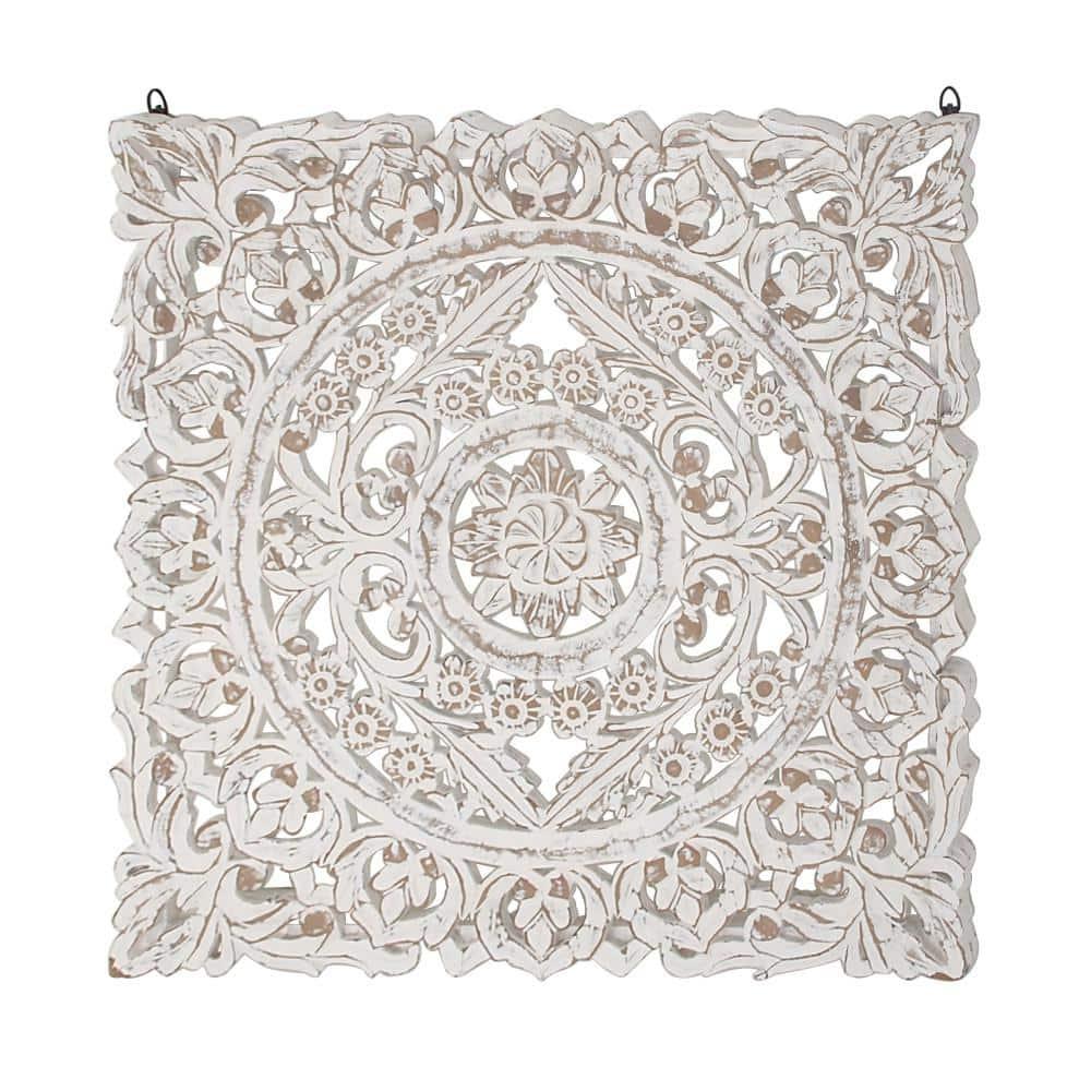 DecMode Traditional Wood Square White Handmade Wall Décor with Carved Mandala Design, 36"W x 36"H