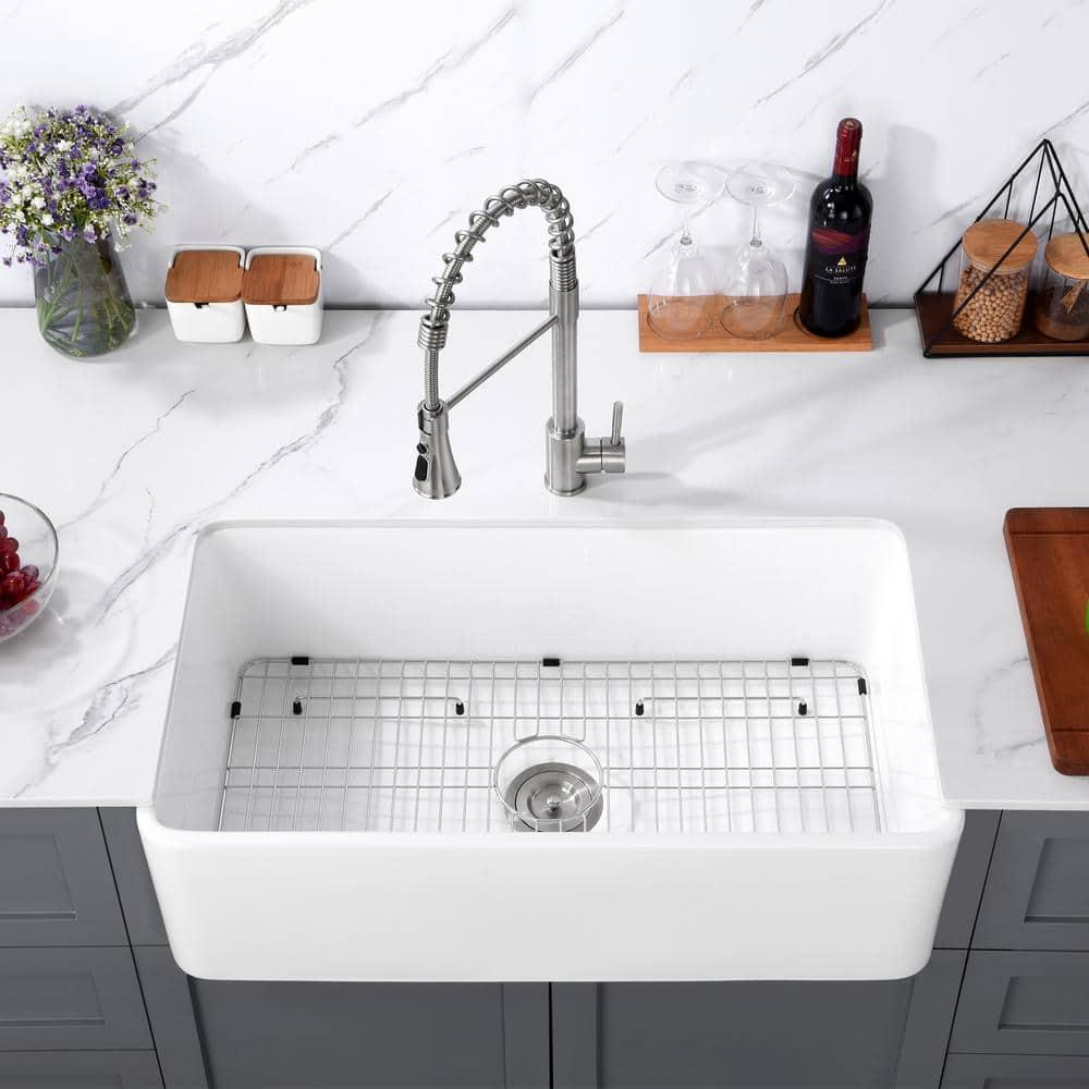 30 in. Rectangular Farmhouse Apron Single Bowl White Ceramic Kitchen Sink with Grid and Strainer
