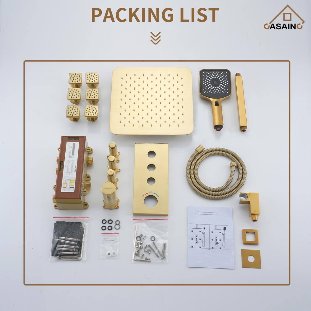 3 Functions 12 Inch Wall Mount Thermostatic Shower System with 6 Body Jets