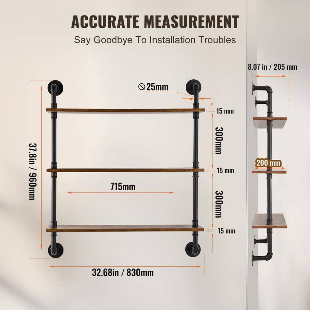 VEVOR Industrial Pipe Shelf, 3 Tier 32x7.87in, Wall-Mount Floating Rustic Wood Shelves Bracket Display Bookshelf, Storage Rack Sundries Holder for Kitchen Bedroom Bathroom Living Room, Black