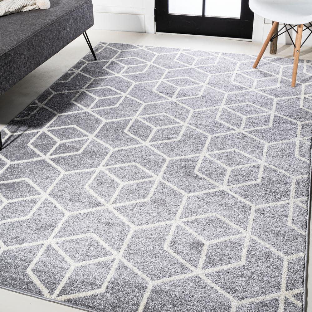 3'x5' Tumbling Blocks Modern Geometric Area Rug, Light Gray/White - JONATHAN Y