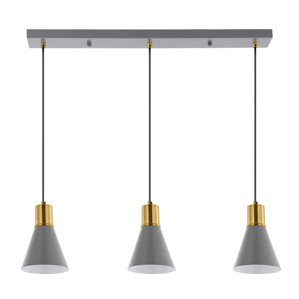 Apollo 33.5" 3-Light Mid-Century Modern Iron Adjustable Linear LED Pendant, Gray/Brass Gold