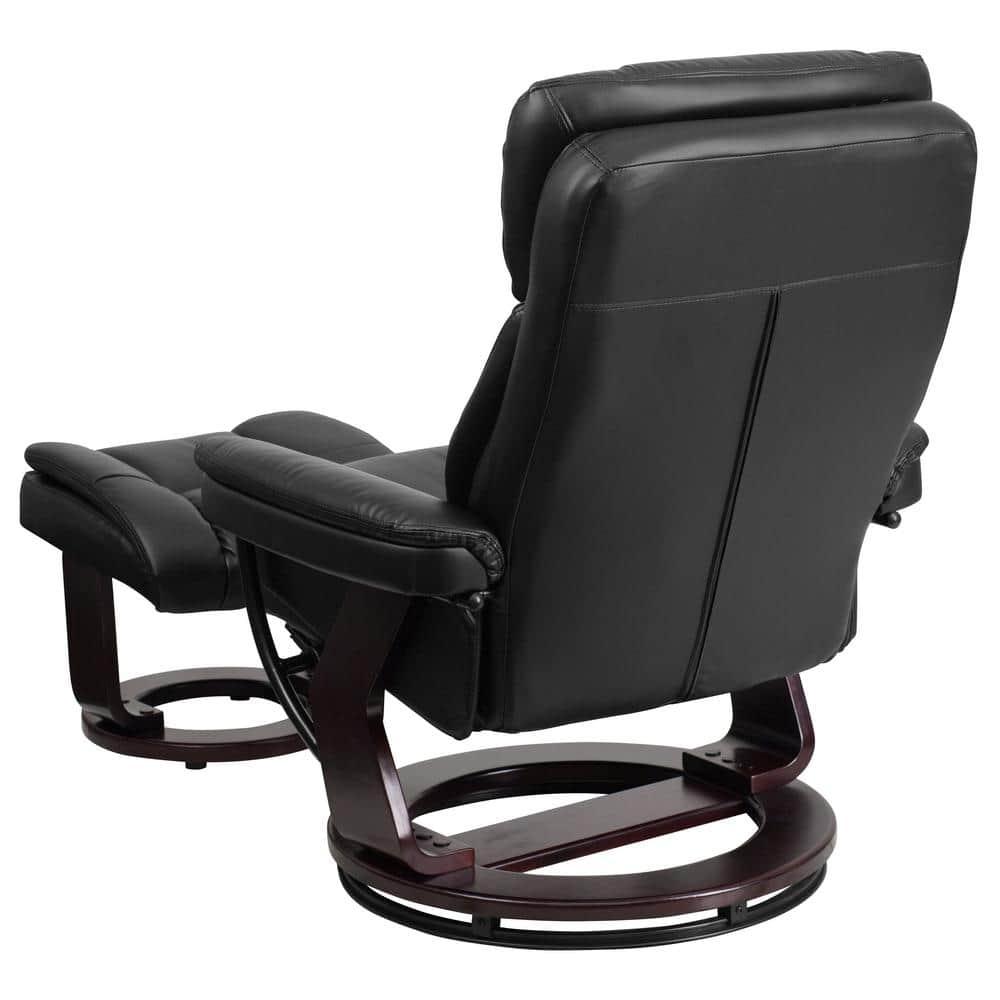 Flash Furniture Contemporary Multi-Position Recliner and Curved Ottoman with Swivel Mahogany Wood Base in Black LeatherSoft